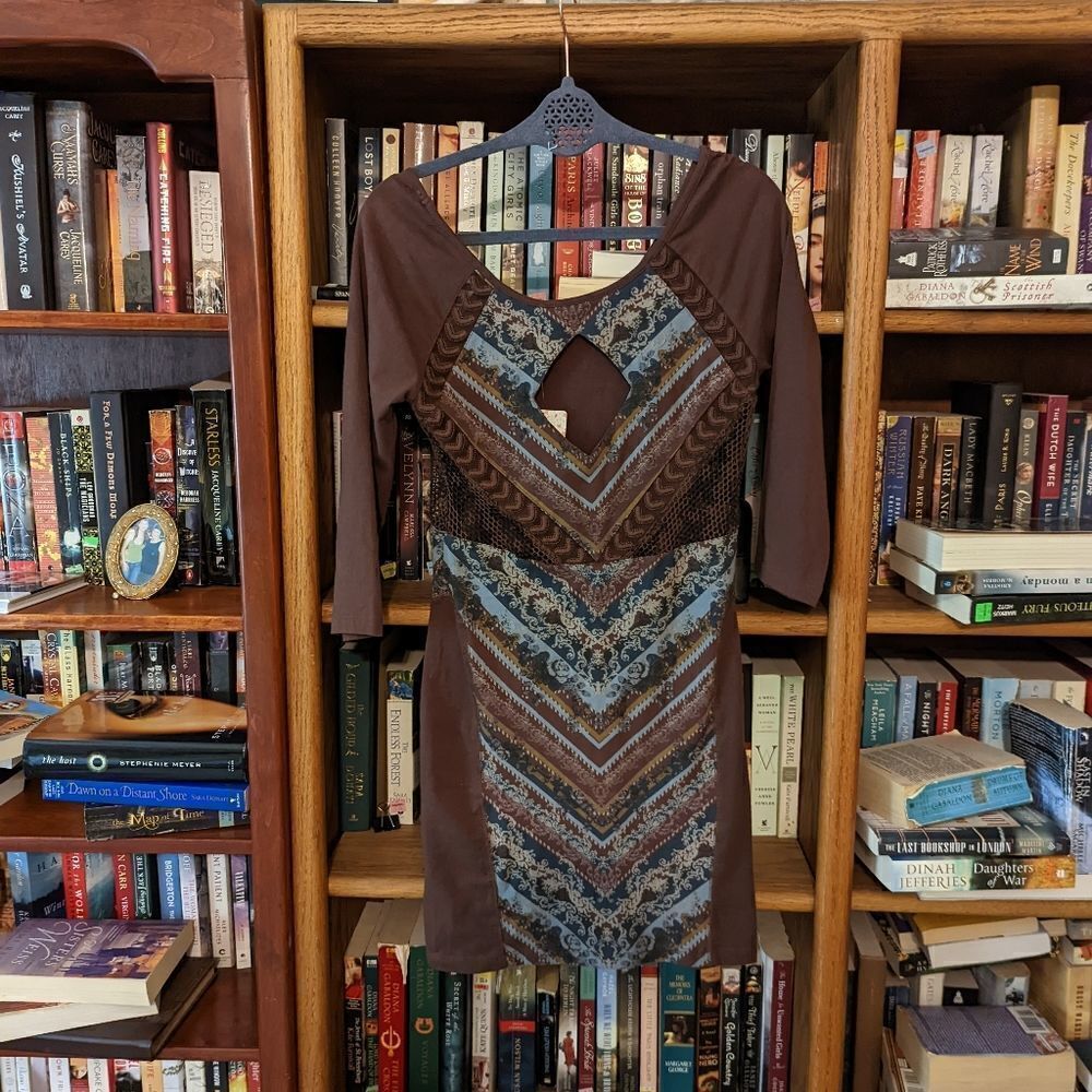 Free people out of africa Chevron bodycon mesh side scoop neck  dress sz m nwt - Picture 2 of 6